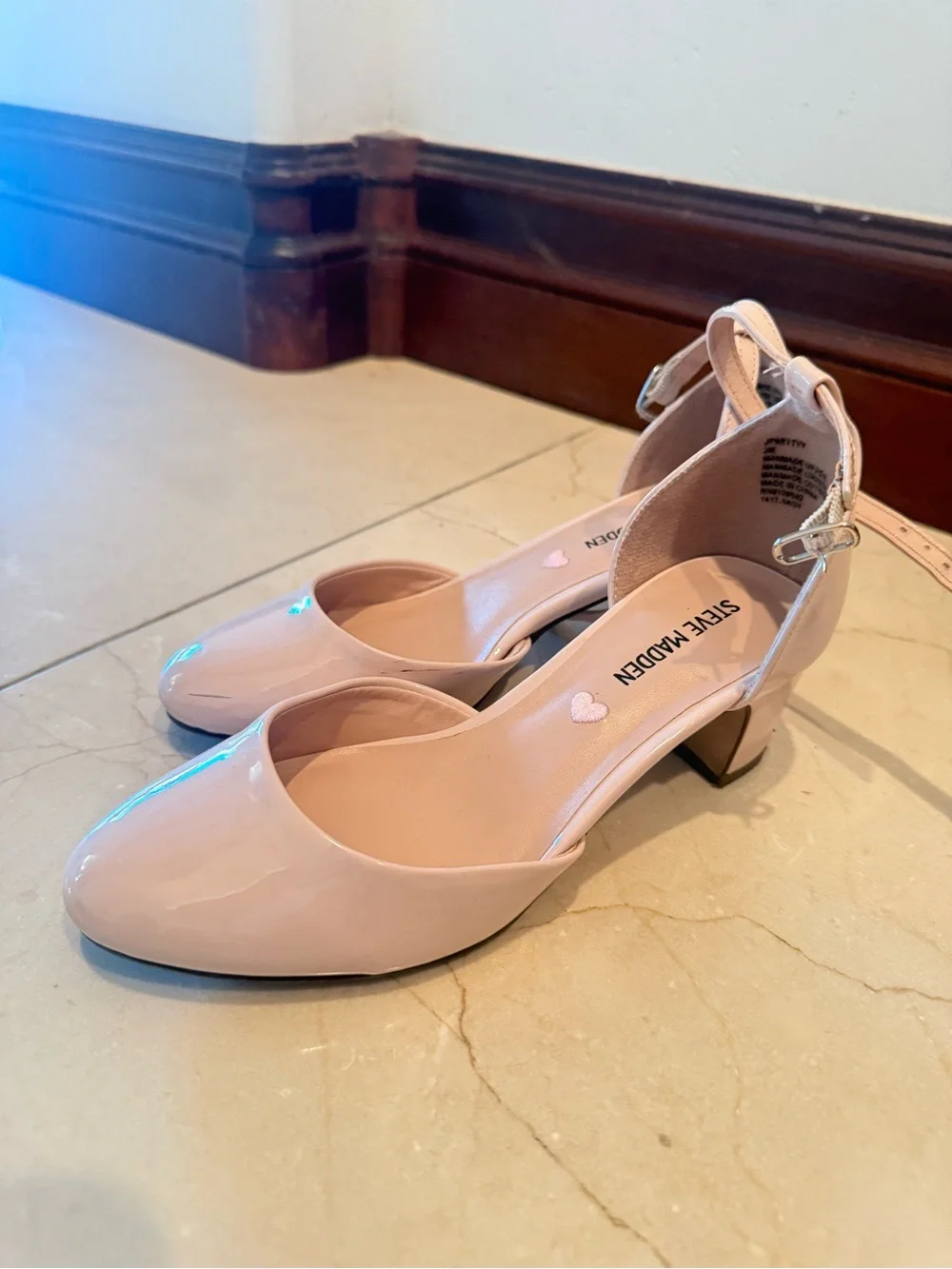 Girls Steve Madden Blush Patent Ankle Strap Low Block Heels